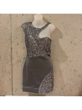 Arden B Exclusive Silver Sequin and Satin Mini Party Dress - Size M